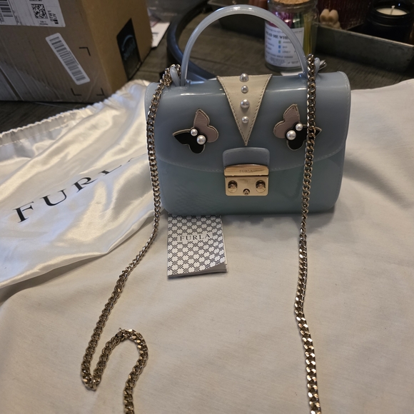 Furla Blue Mini Jelly Top-Handle Bag with Pearl Butterfly Detail - Picture 16 of 16